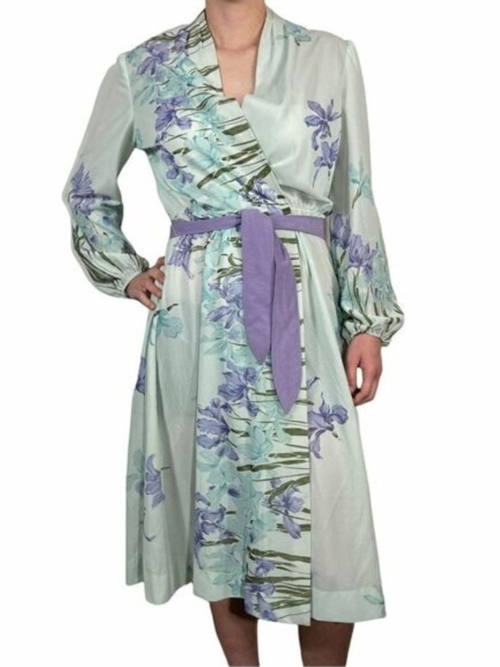 Vintage 70s Leslie Fay Watercolor Floral Iris Wrap Midi Dress Cottagecore